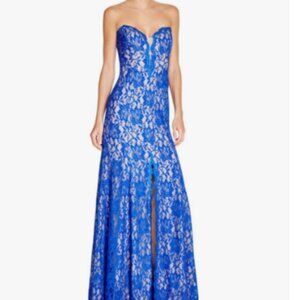 Bloomingdales Aqua Blue Lace Sweetheart Strapless Front Slit Formal Gown Size 4